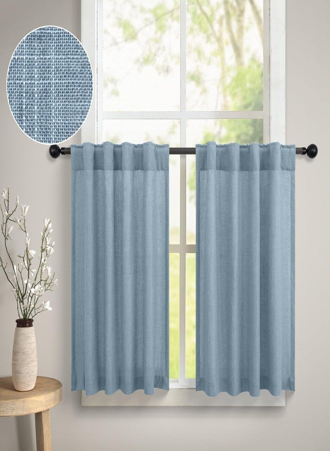 DANCURTON Light Blue Kitchen Curtain 24 Inch Length for Small Window 2 Panel Back Tab Pocket Cotton Textured Sheer Linen Short Cafe Curtain Valance for Bathroom Laundry Garage Country Farmhouse 30x24 Stone Blue - Image 1